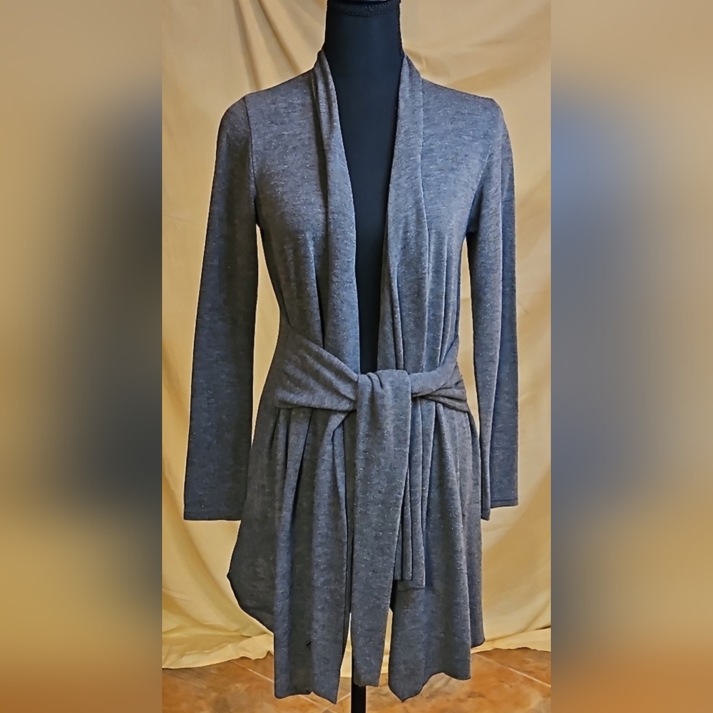 Sushiflower Gray Open Front Wrap Cardigan Sweater Tie Belt S Vintage Y2K - Picture 2 of 8